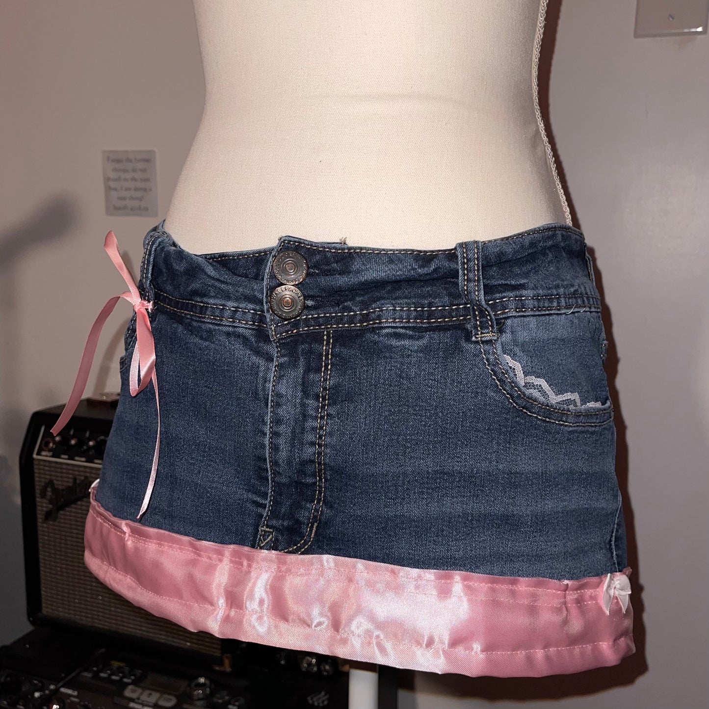 ୨୧ reworked OOAK bubblegum princess vintage micro mini denim skirt with satin trim and pink bow details