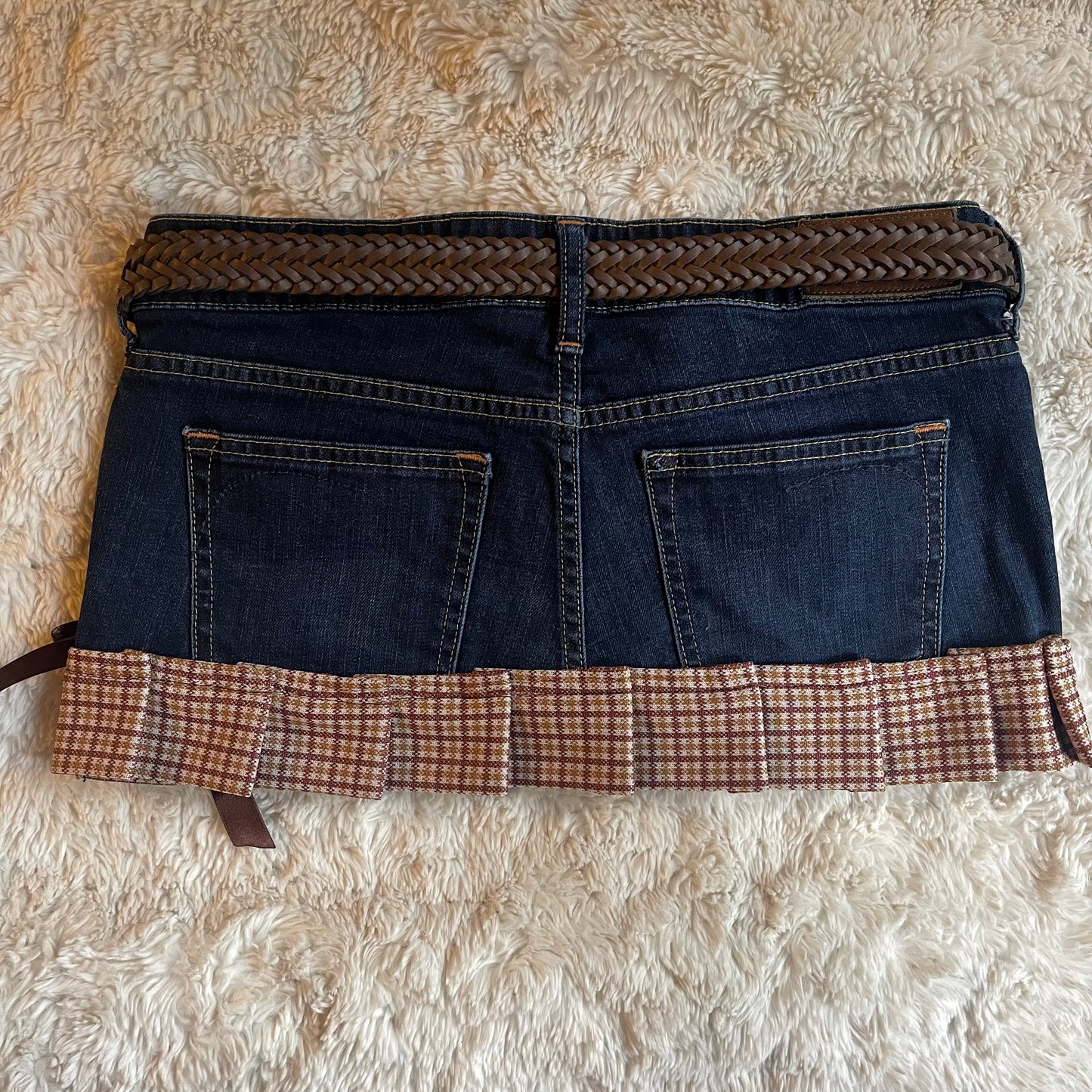 ୨୧ reworked OOAK vintage 70s brooklyn baby princess micro mini denim skirt with teddy charm, plaid trim, woven belt, lace and bows