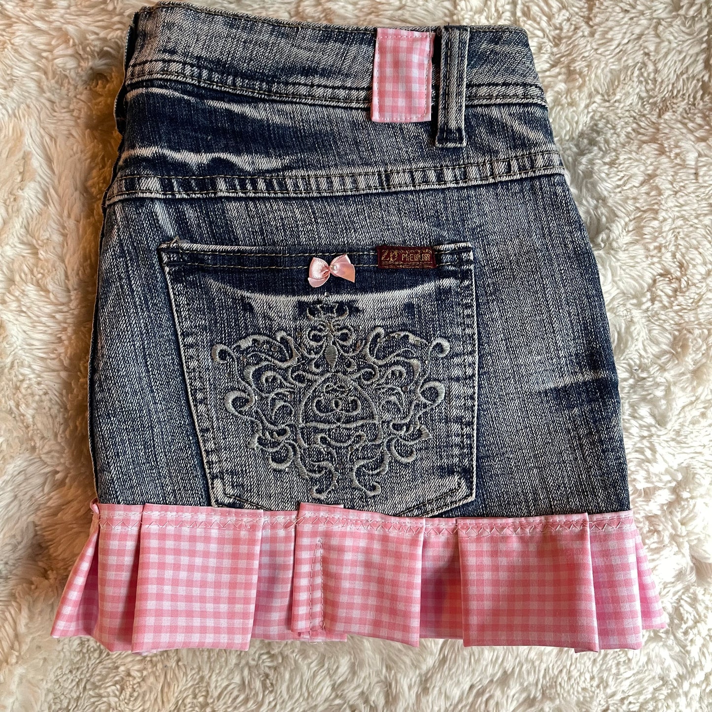 ୨୧ reworked OOAK vintage micro mini denim skirt with trim and baby pink bow details