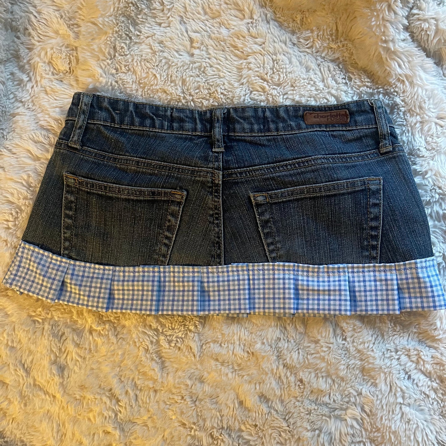 ąØą§ reworked OOAK vintage micro mini denim skirt with gingham baby blue trim, heart patch and bow details