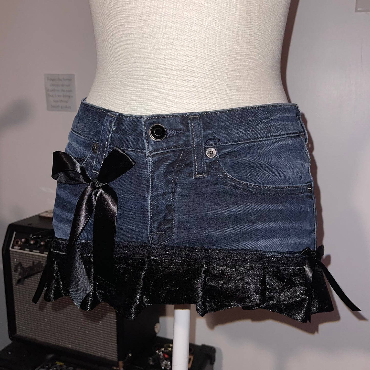 ୨୧ reworked OOAK 2000s extreme denim micro mini skirt with rhinestones, black fuzzy crushed velvet trim & black bows