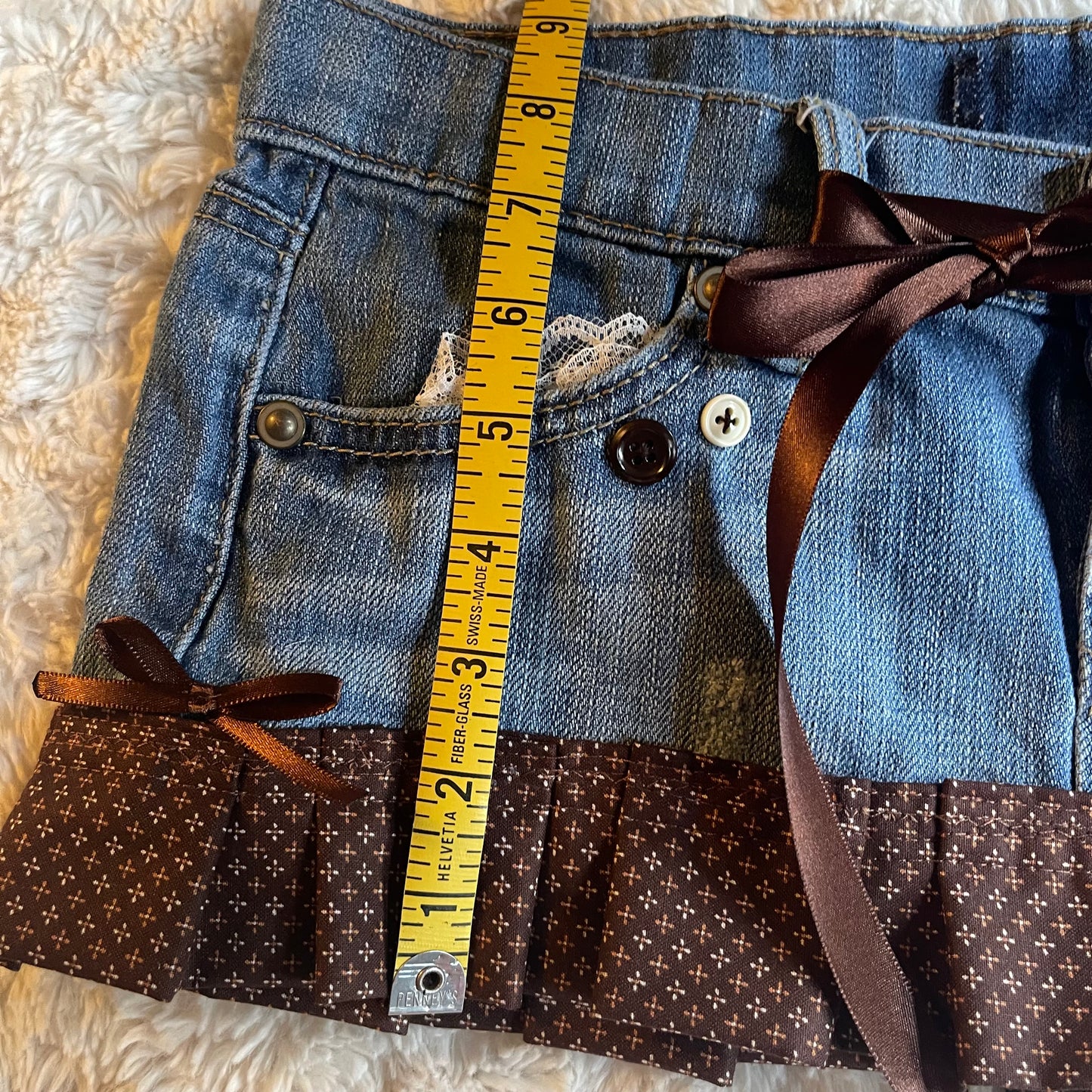 ୨୧ reworked OOAK vintage 70s brooklyn baby princess micro mini denim skirt with plaid trim, lace, buttons and bows
