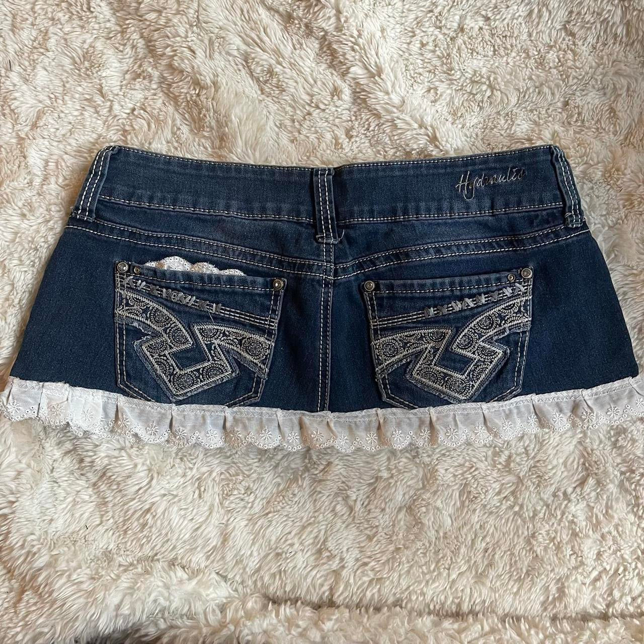 reworked OOAK 2000s “sweetheart” extreme denim micro mini skirt with lace trim, heart patches & bows