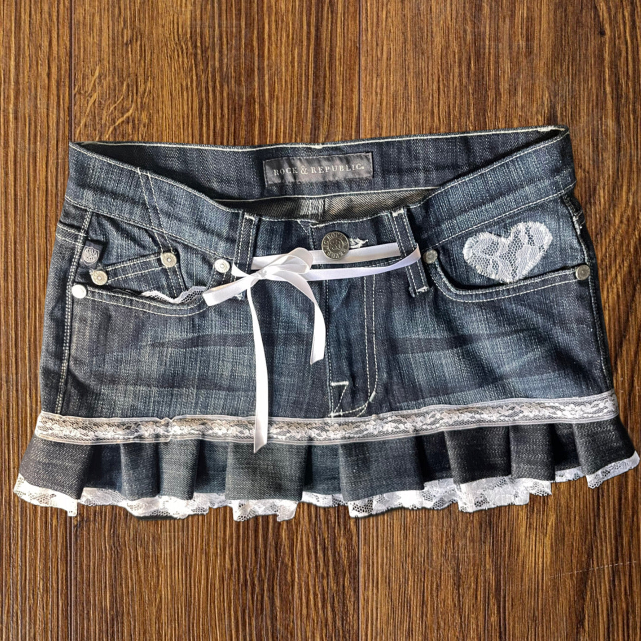 reworked OOAK 2000s princess dark wash denim mini skirt w bows, lace, & handmade pleats ୨୧