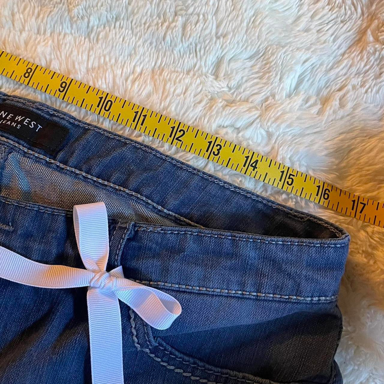 ୨୧ reworked OOAK 2000s extreme denim micro light blue mini skirt with rhinestones, lace trim & white bows