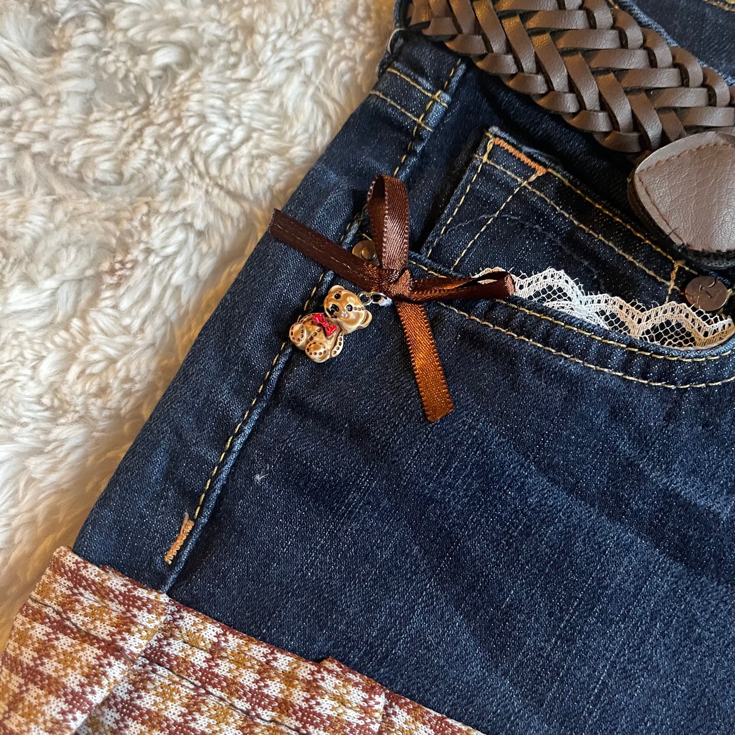 ୨୧ reworked OOAK vintage 70s brooklyn baby princess micro mini denim skirt with teddy charm, plaid trim, woven belt, lace and bows