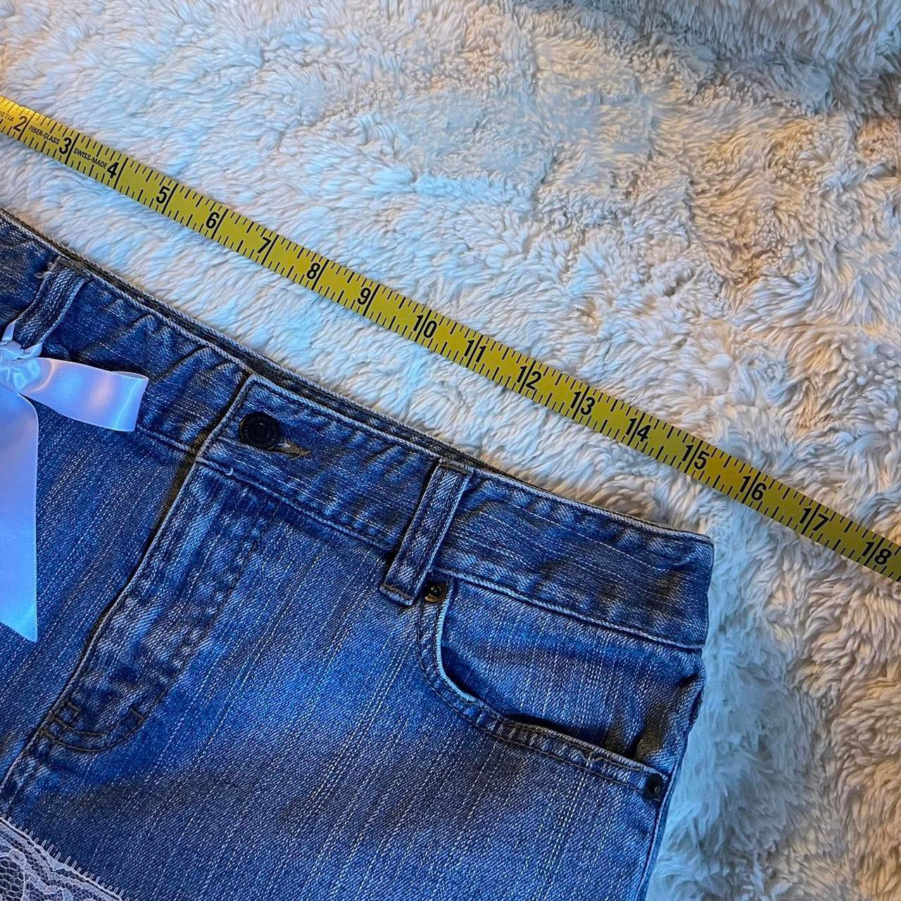 ୨୧ reworked OOAK 2000s extreme denim micro mini skirt with lace trim & white bows