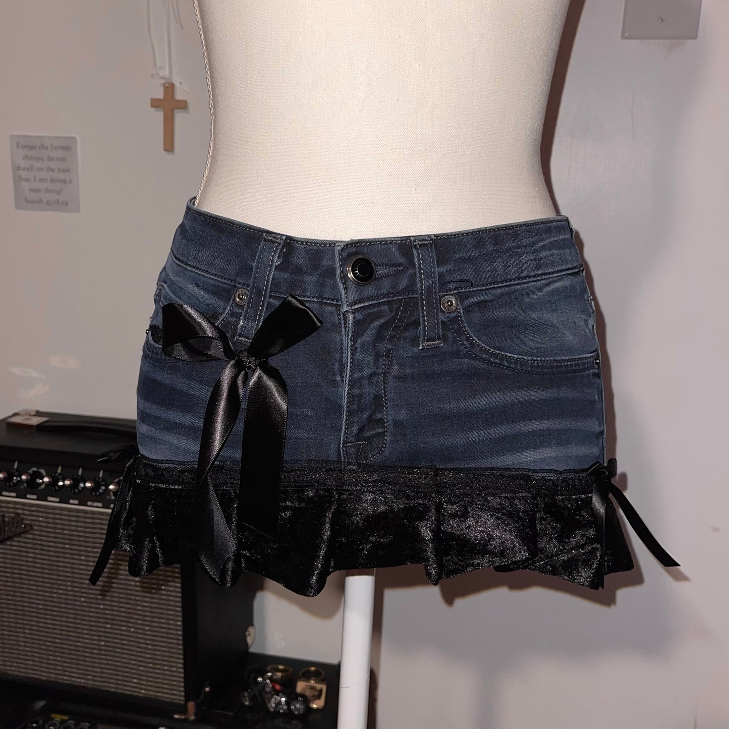 ୨୧ reworked OOAK 2000s extreme denim micro mini skirt with rhinestones, black fuzzy crushed velvet trim & black bows