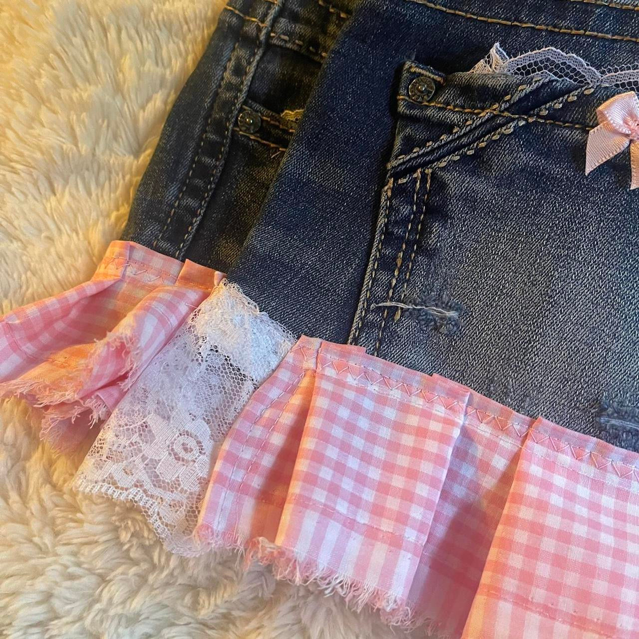 ୨୧ reworked OOAK vintage micro mini denim skirt with trim and baby pink bow details