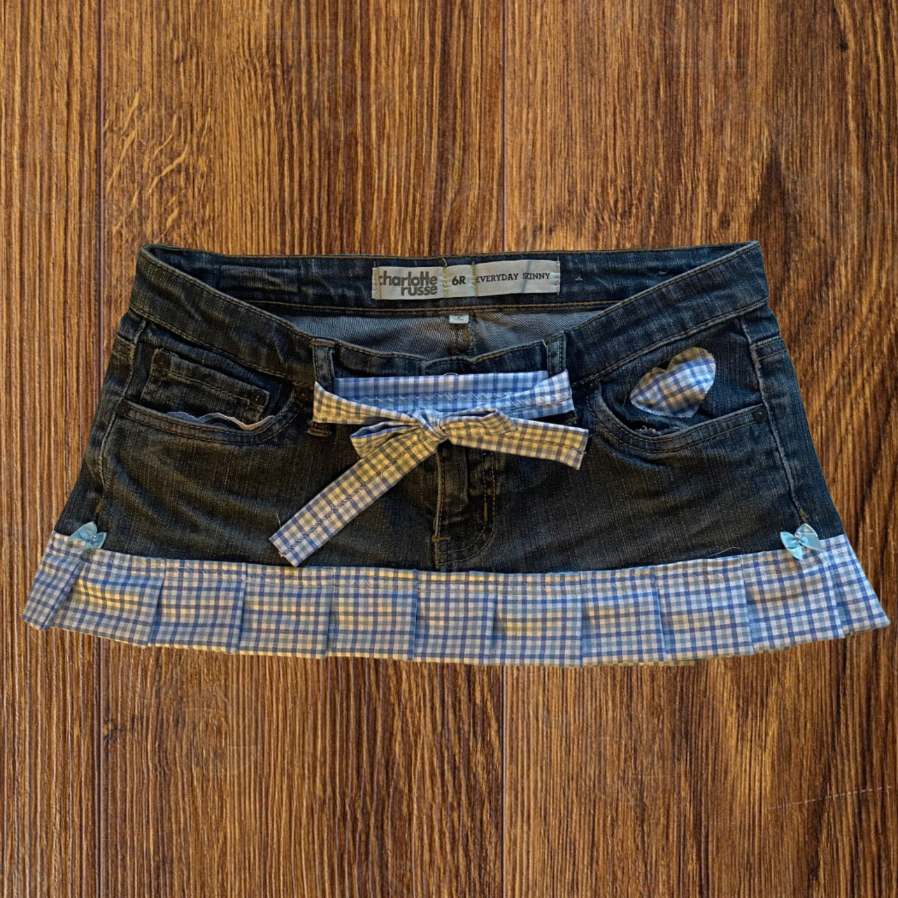 ąØą§ reworked OOAK vintage micro mini denim skirt with gingham baby blue trim, heart patch and bow details