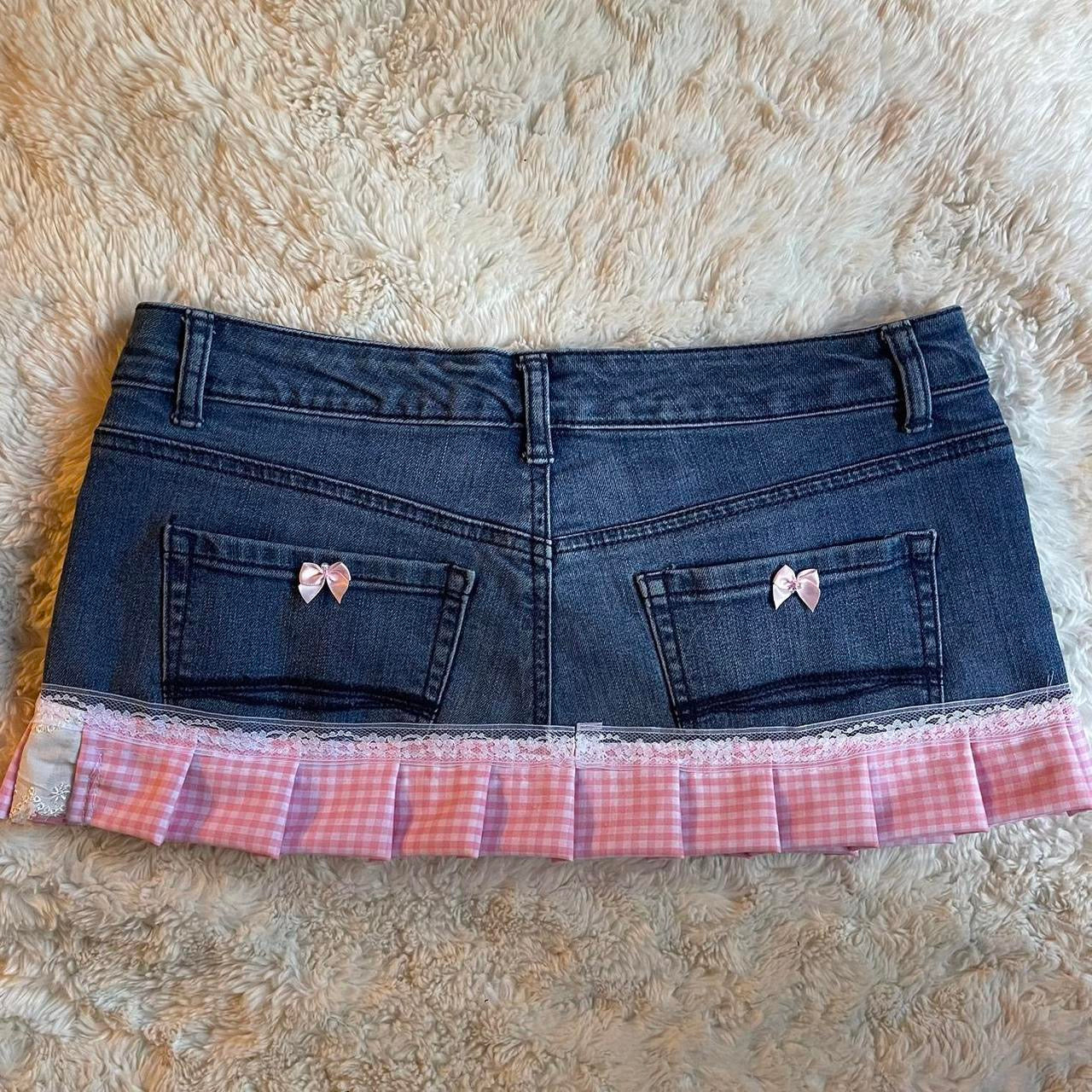 ୨୧ reworked OOAK vintage micro mini denim skirt with trim and baby pink bow details