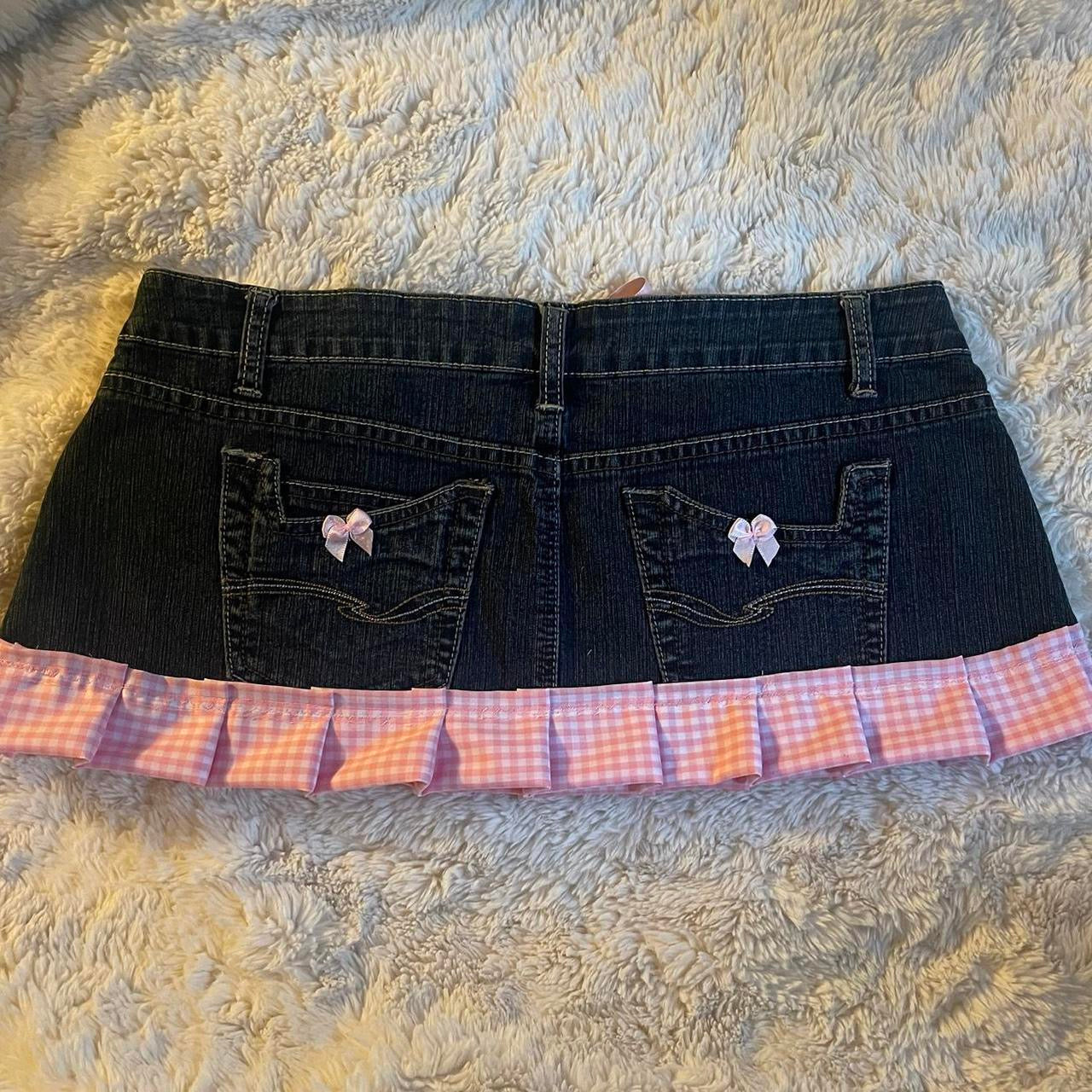 ୨୧ reworked OOAK vintage micro mini denim skirt with trim and baby pink bow details