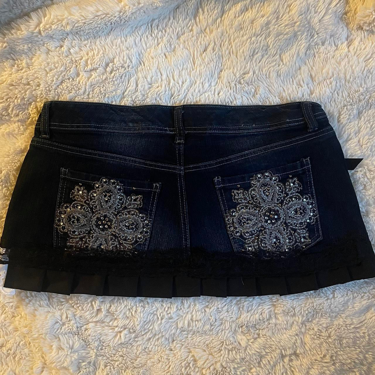 reworked OOAK 2000s princess dark wash denim micro mini skirt w black ribbon, lace and hand sewn pleats ୨୧
