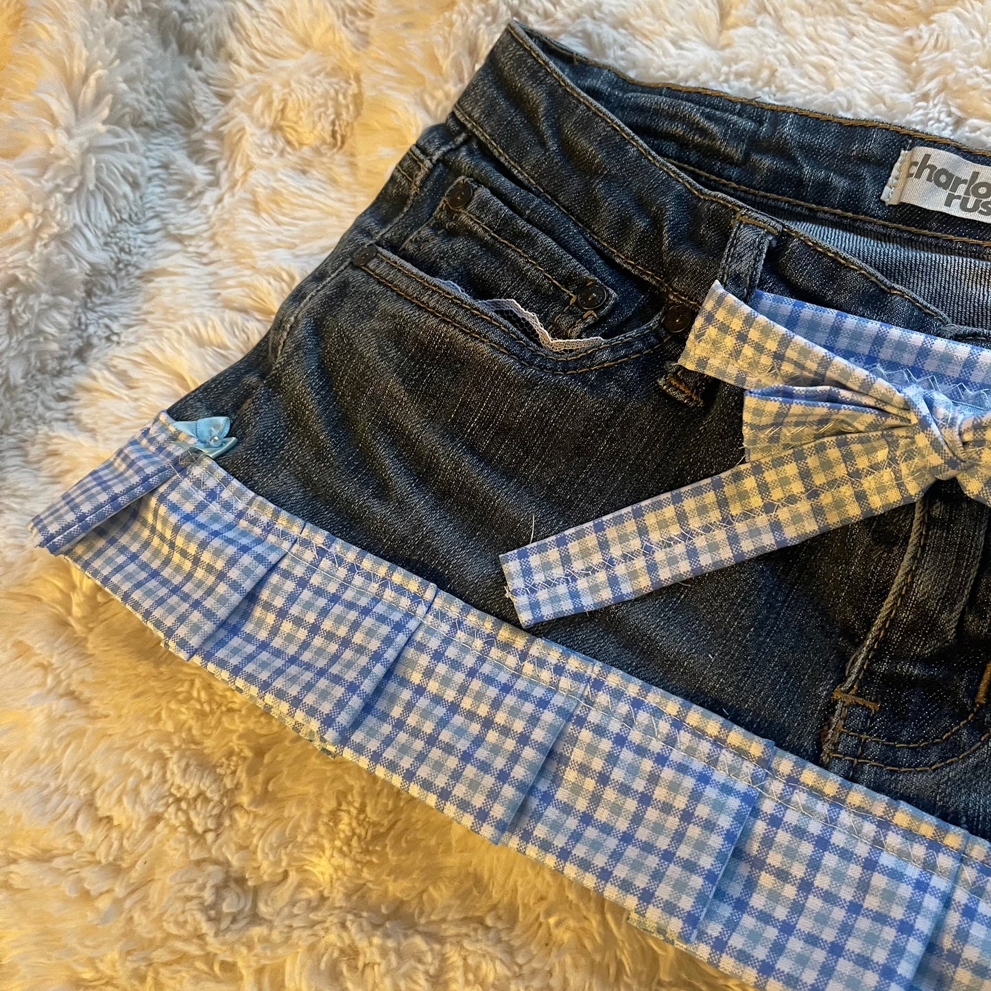 ąØą§ reworked OOAK vintage micro mini denim skirt with gingham baby blue trim, heart patch and bow details