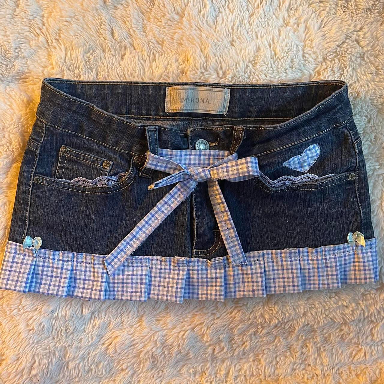 เญจเญง reworked OOAK vintage micro mini denim skirt with gingham baby blue trim, heart patch and bow details