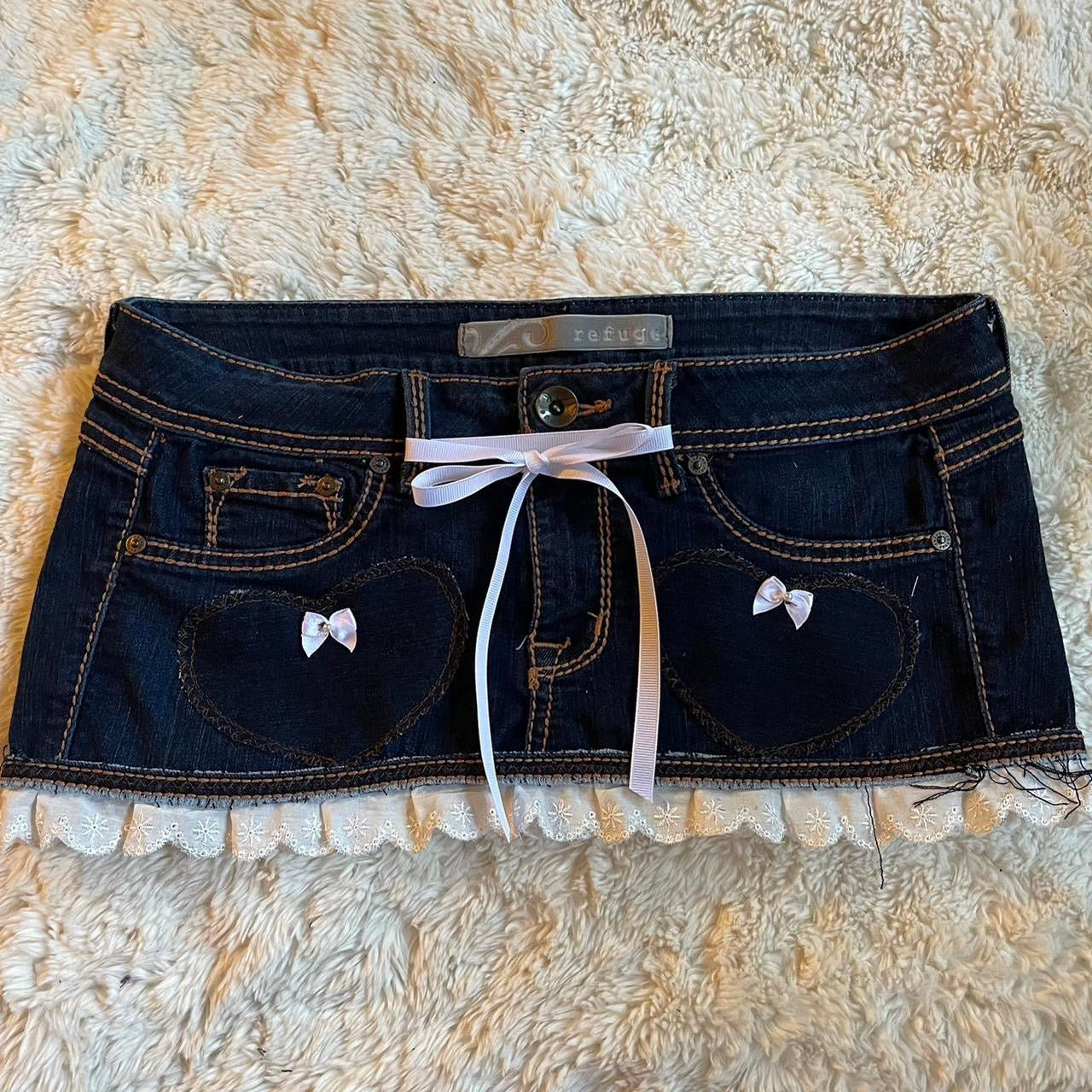 reworked OOAK 2000s dark wash princess denim micro mini skirt with heart patches, ruffles & ribbons ୨୧