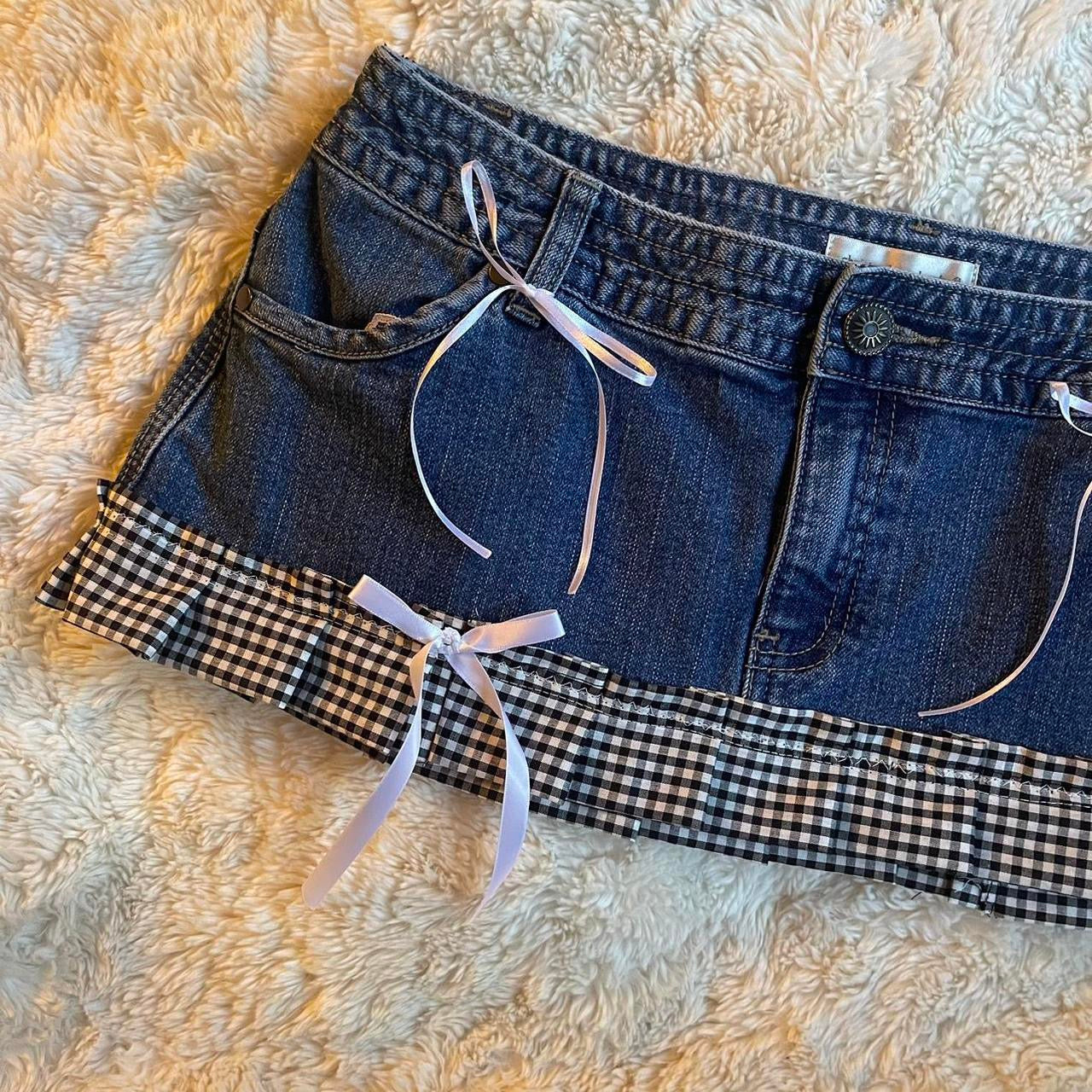୨୧ reworked OOAK vintage micro mini denim skirt with trim and bow details