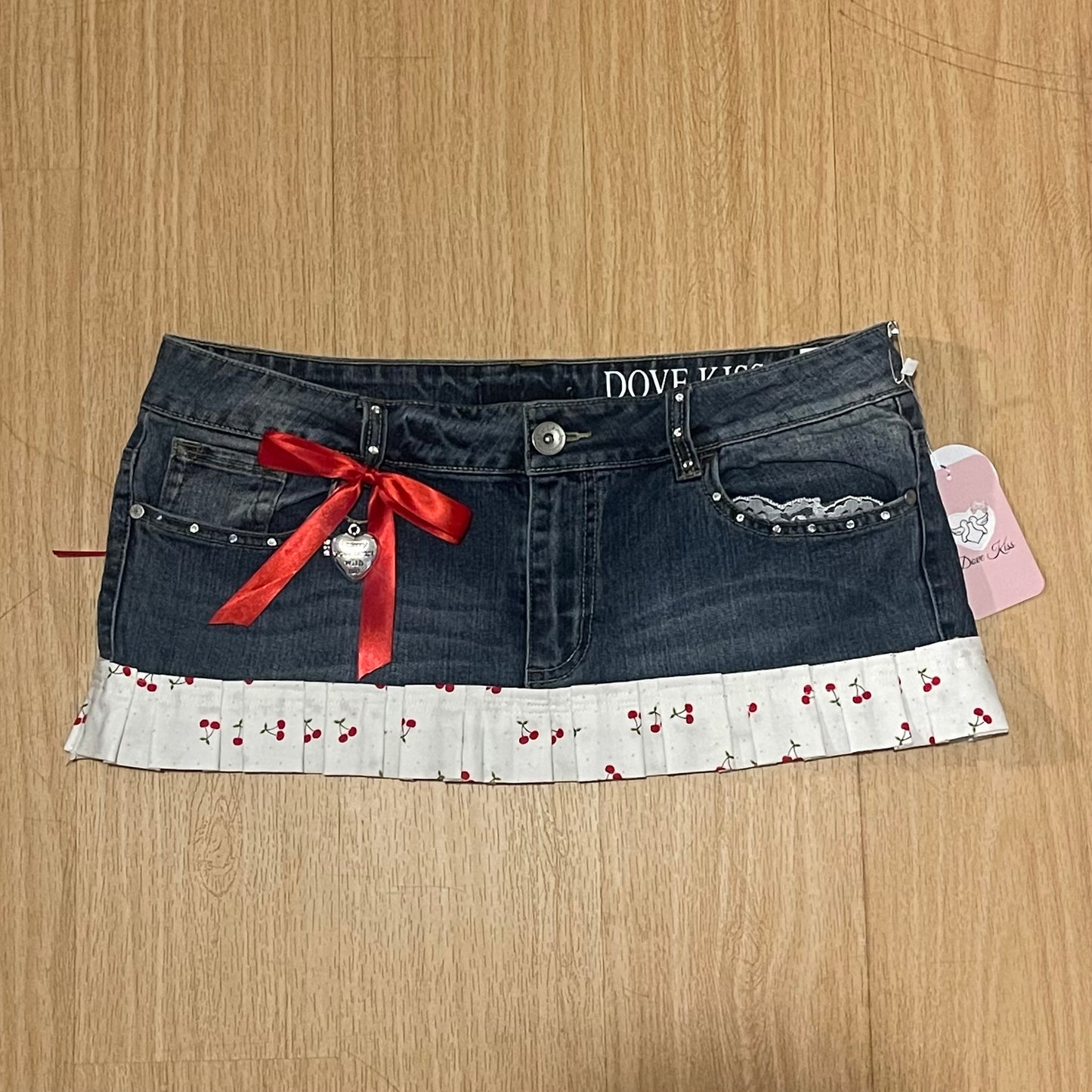 Reworked/Upcycled Cherry Diva Mini Skirt (with lace & embellishments)