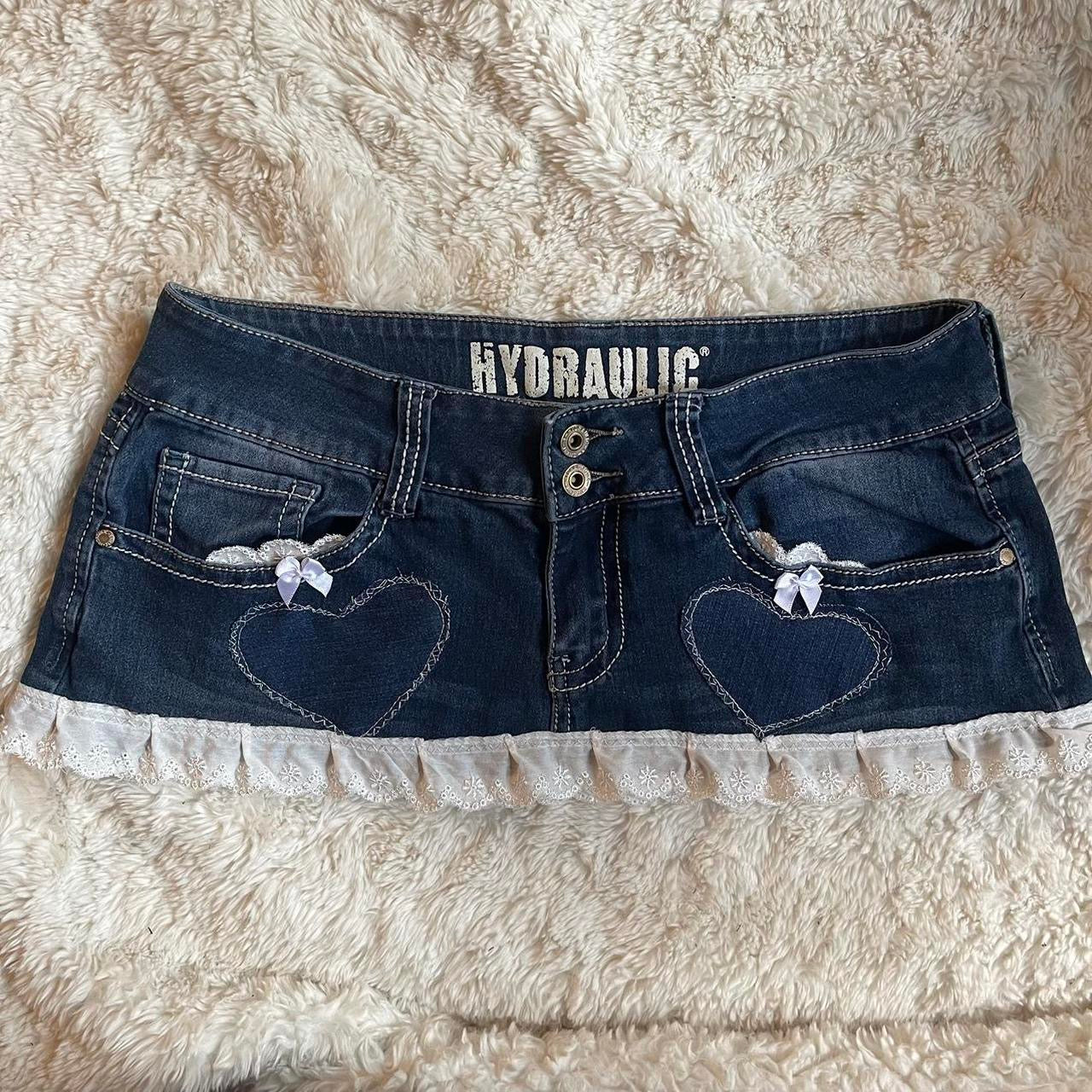 reworked OOAK 2000s “sweetheart” extreme denim micro mini skirt with lace trim, heart patches & bows