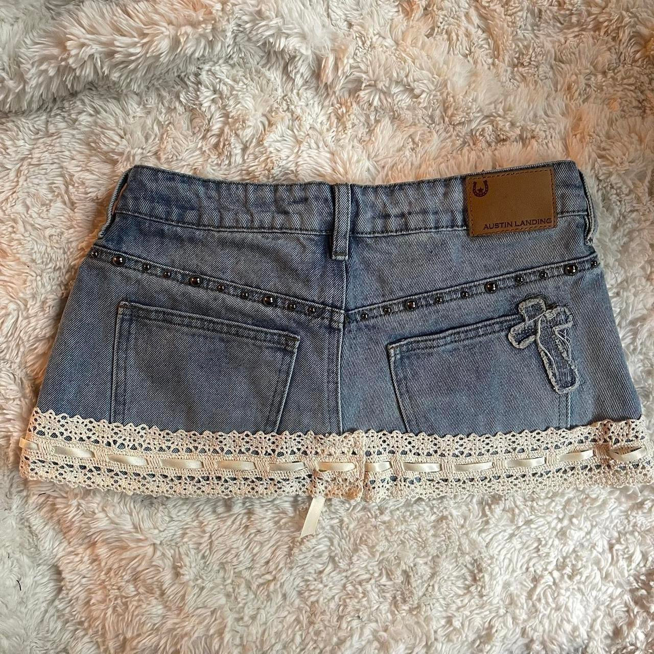 ୨୧ reworked OOAK 2000s princess extreme denim micro light wash mini skirt with tan lace trim & bows