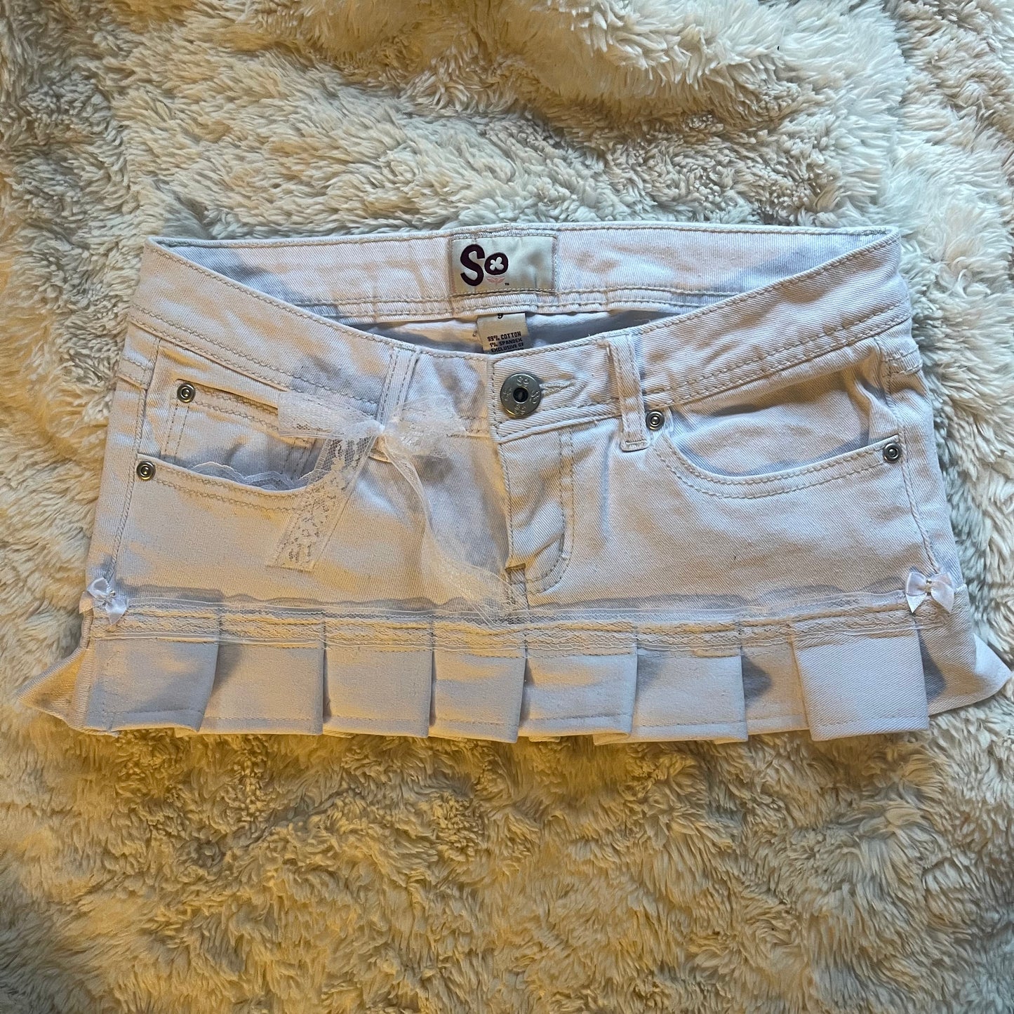 ୨୧ reworked OOAK 2000s princess denim micro white mini skirt with lace trim & white silky bows