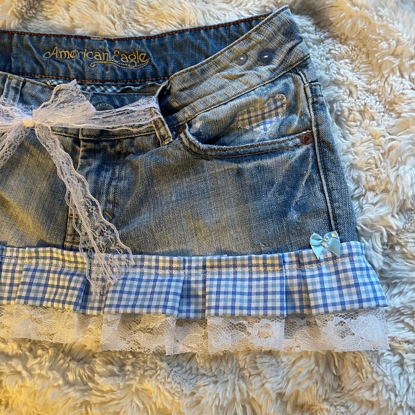 ąØą§ reworked OOAK vintage micro mini denim skirt with buttons, gingham baby blue trim with lace, heart patch and bow details