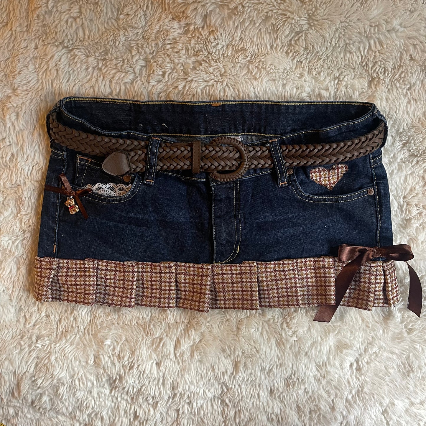 ୨୧ reworked OOAK vintage 70s brooklyn baby princess micro mini denim skirt with teddy charm, plaid trim, woven belt, lace and bows