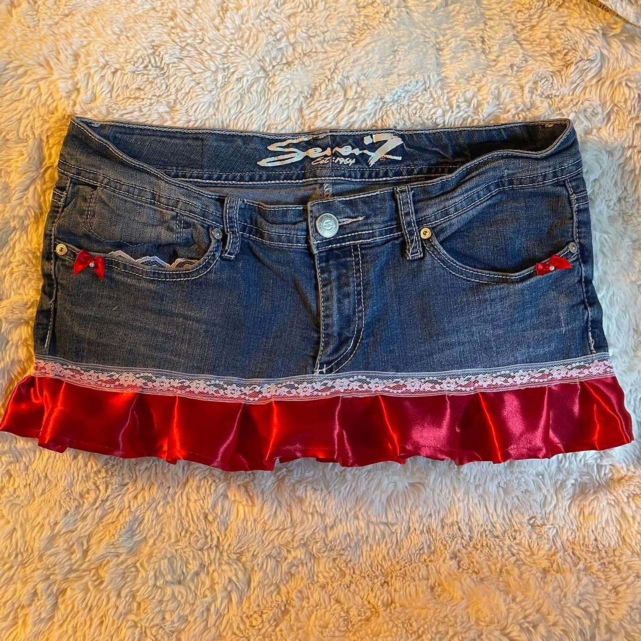 ୨୧ reworked OOAK cherry bomb princess vintage micro mini denim skirt with satin trim and red bow details