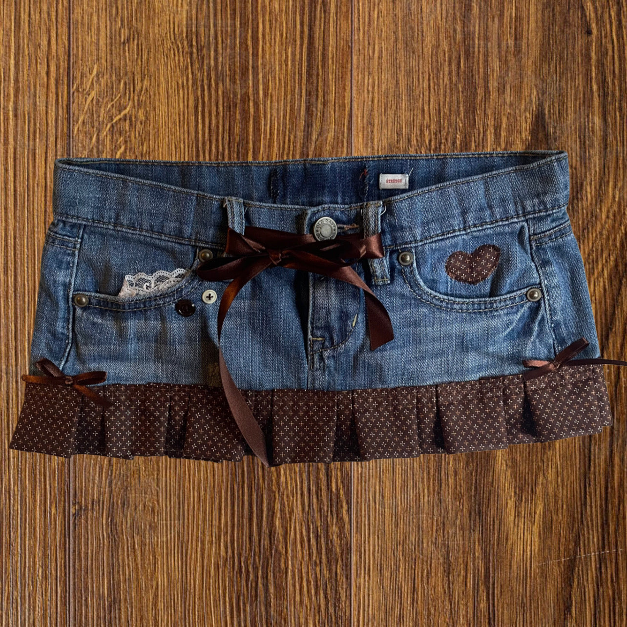 ୨୧ reworked OOAK vintage 70s brooklyn baby princess micro mini denim skirt with plaid trim, lace, buttons and bows