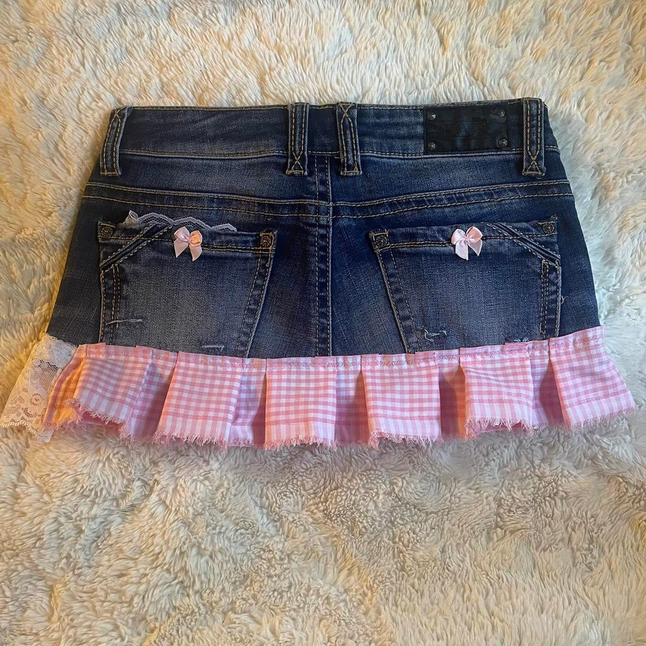 ୨୧ reworked OOAK vintage micro mini denim skirt with trim and baby pink bow details