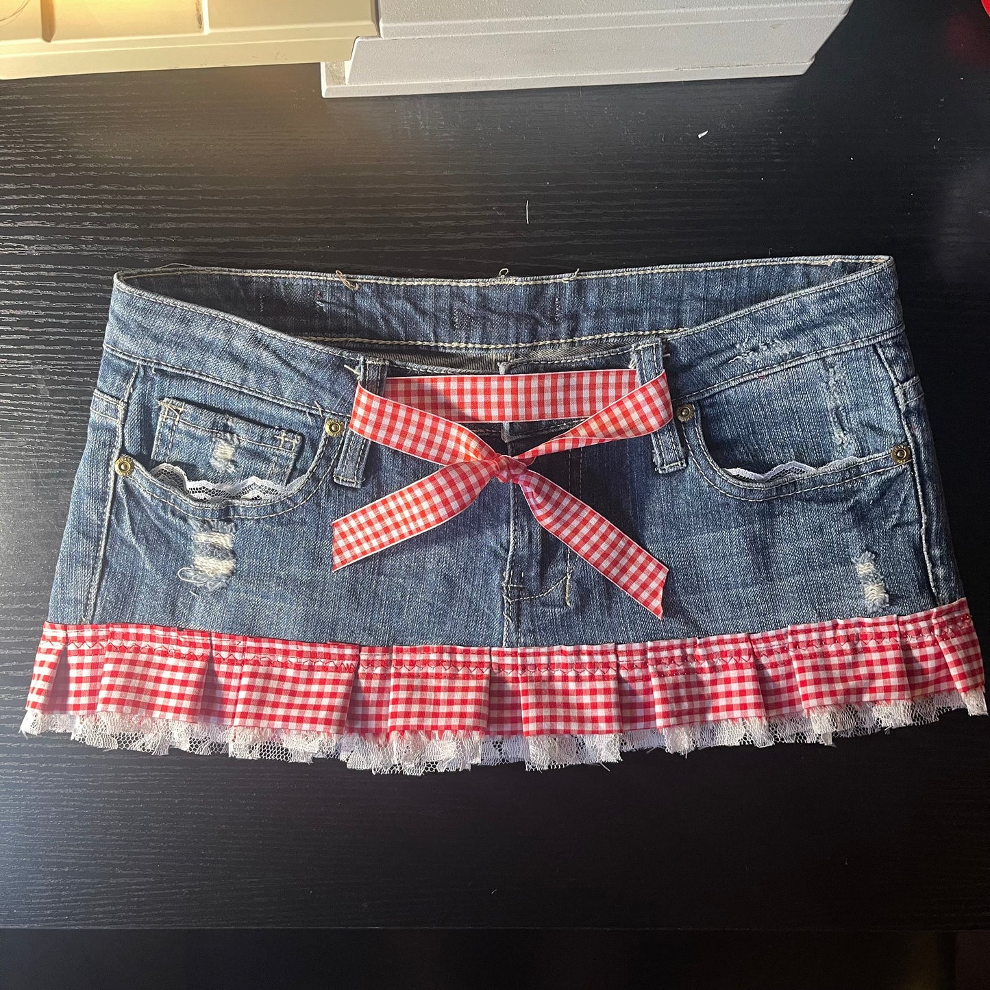 ୨୧ reworked OOAK y2k vintage mini denim skirt with red gingham pleats with lace trim, lace & bows