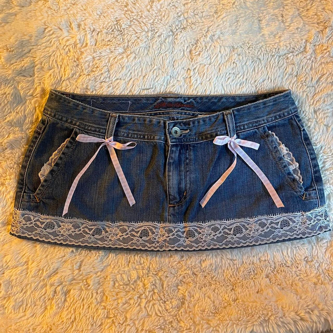 ୨୧ reworked OOAK 2000s extreme denim micro mini skirt with lace trim & pink + white bows