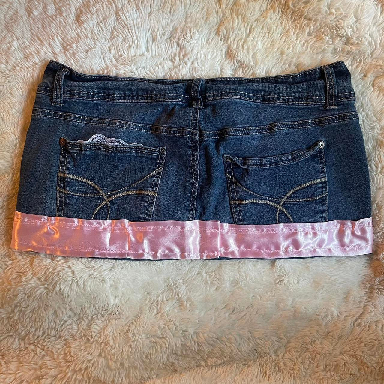 ୨୧ reworked OOAK bubblegum princess vintage micro mini denim skirt with satin trim and pink bow details