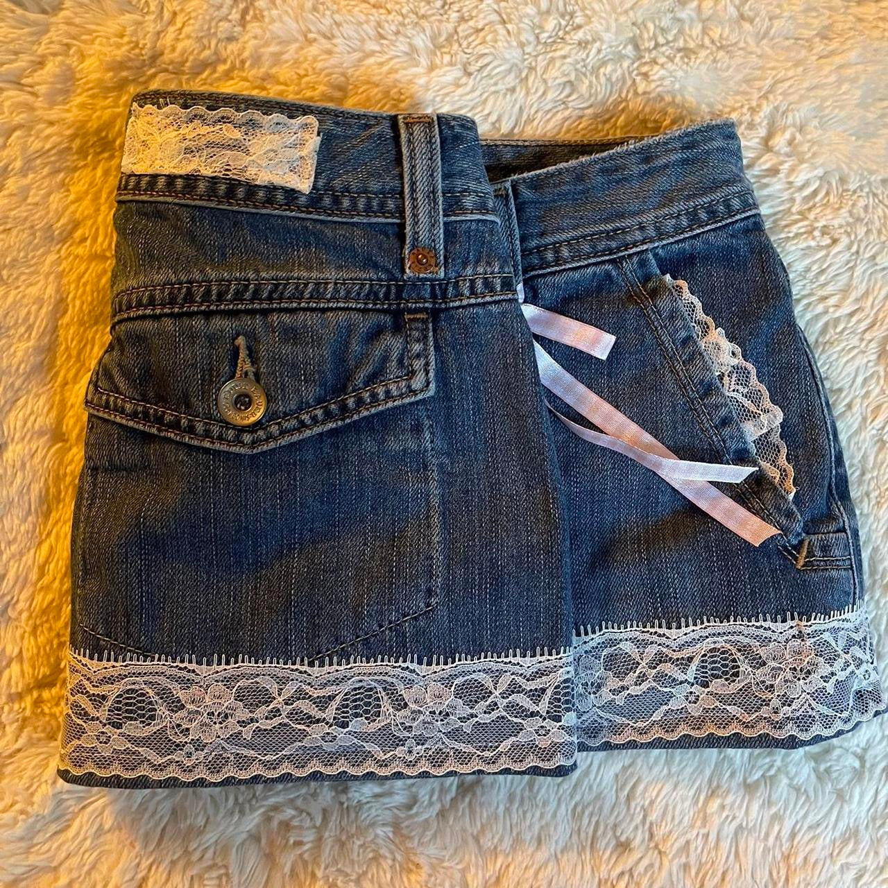 ୨୧ reworked OOAK 2000s extreme denim micro mini skirt with lace trim & pink + white bows