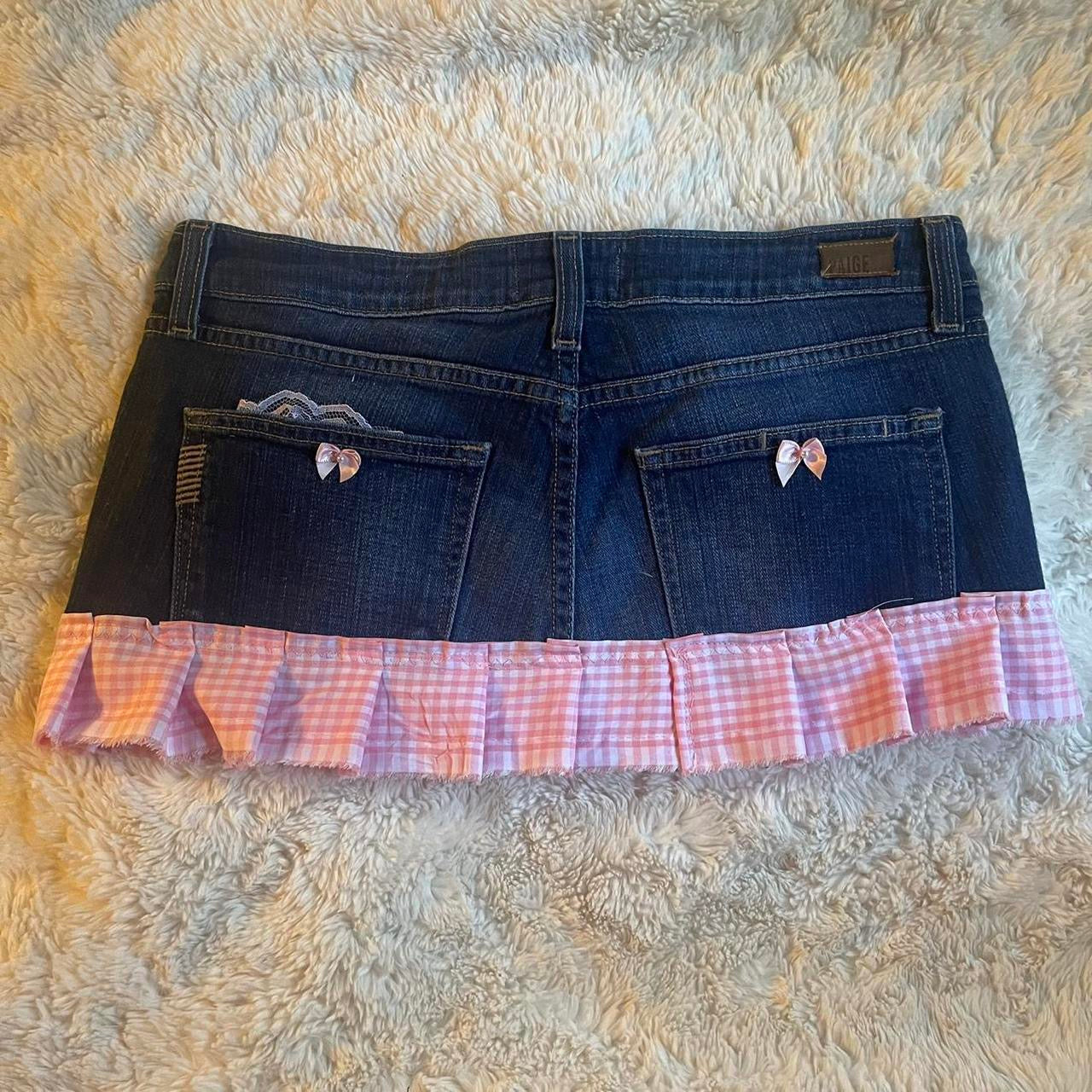 ୨୧ reworked OOAK vintage micro mini denim skirt with trim and baby pink bow details