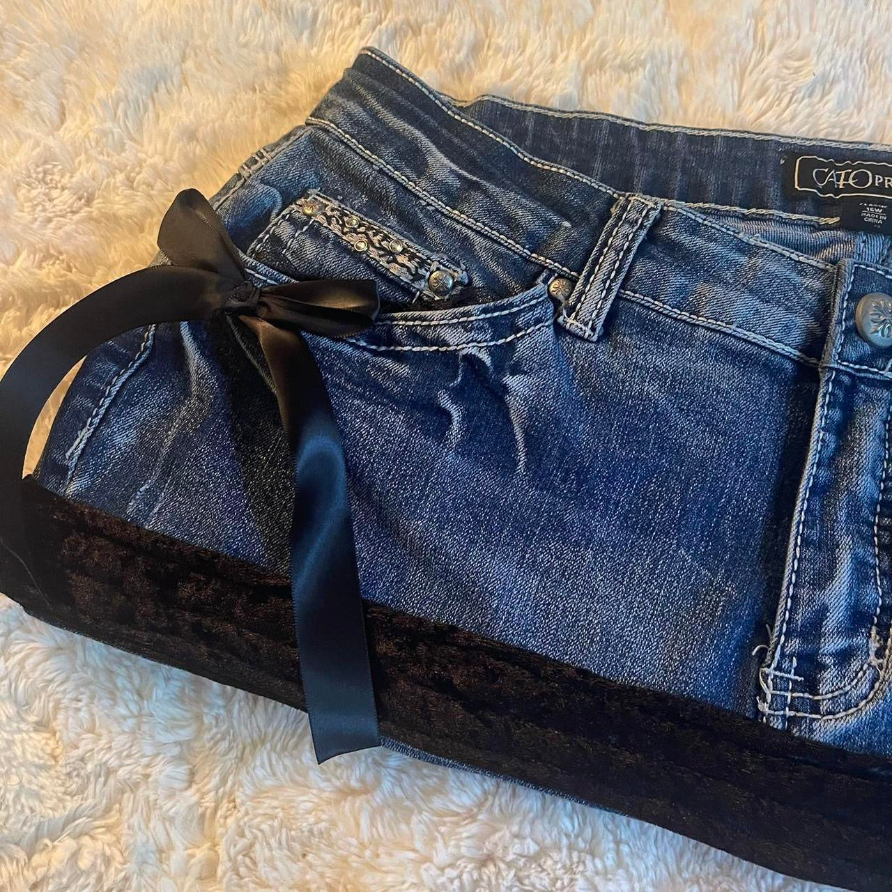୨୧ reworked OOAK 2000s extreme denim micro mini skirt with rhinestones, black fuzzy crushed velvet trim & black bows