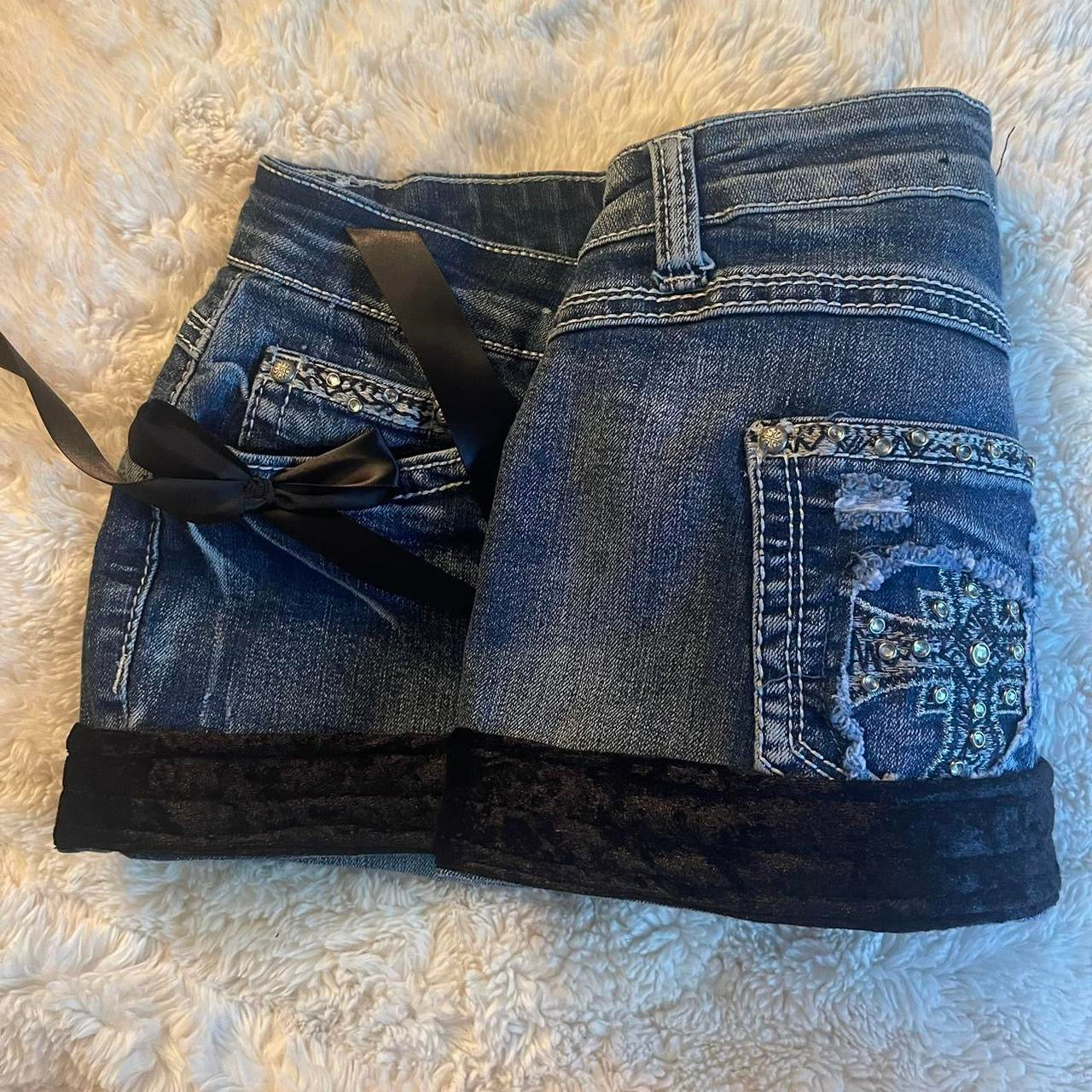 ୨୧ reworked OOAK 2000s extreme denim micro mini skirt with rhinestones, black fuzzy crushed velvet trim & black bows