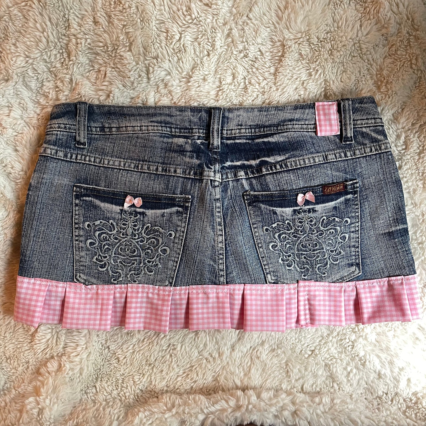 ୨୧ reworked OOAK vintage micro mini denim skirt with trim and baby pink bow details