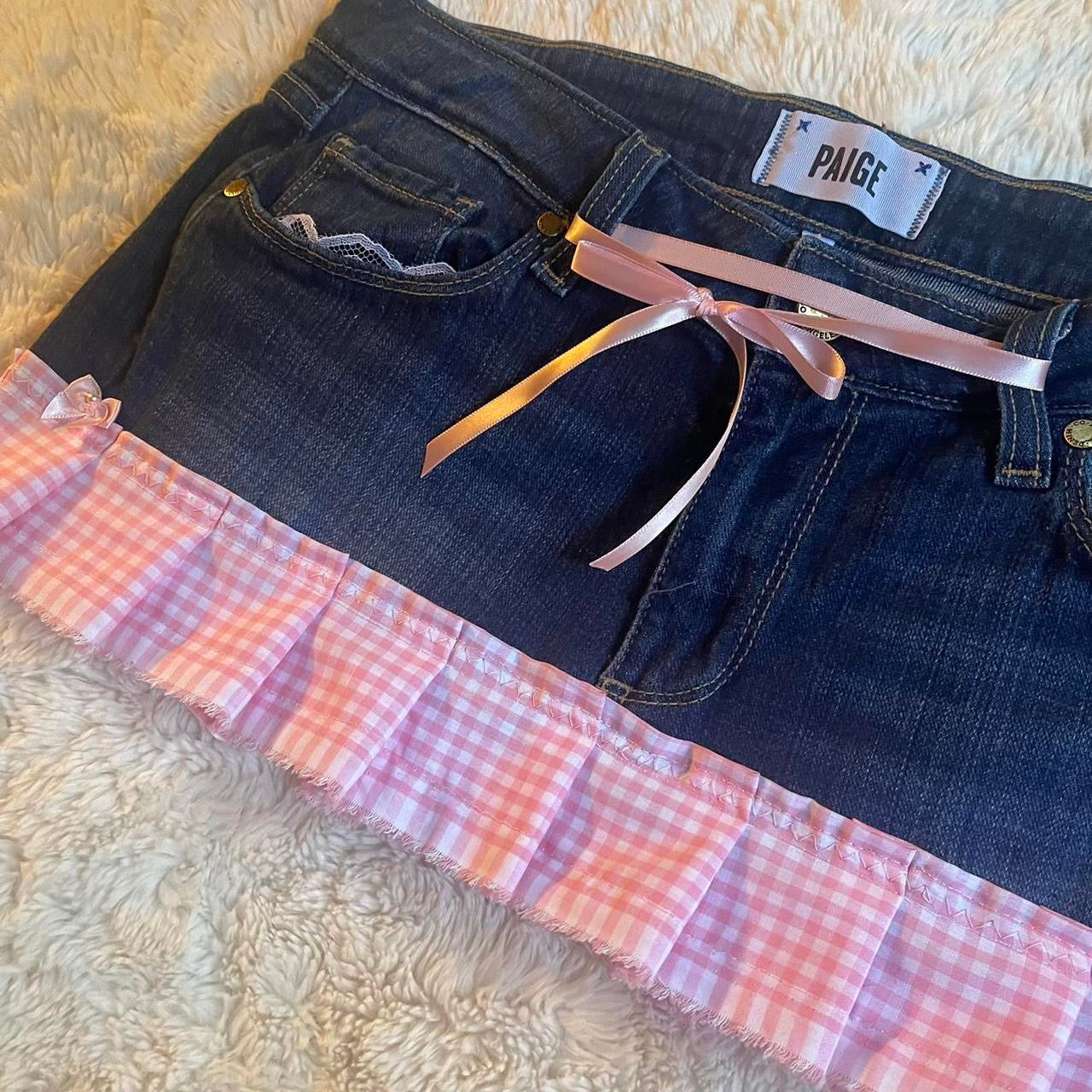 ୨୧ reworked OOAK vintage micro mini denim skirt with trim and baby pink bow details