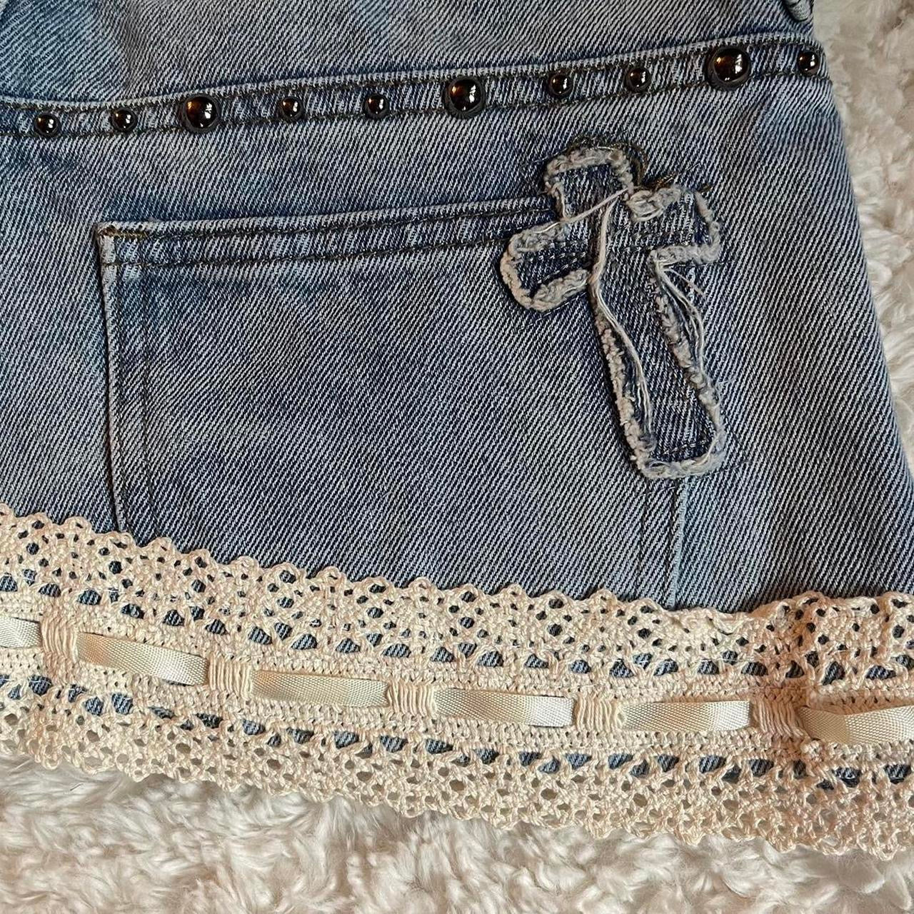 ୨୧ reworked OOAK 2000s princess extreme denim micro light wash mini skirt with tan lace trim & bows