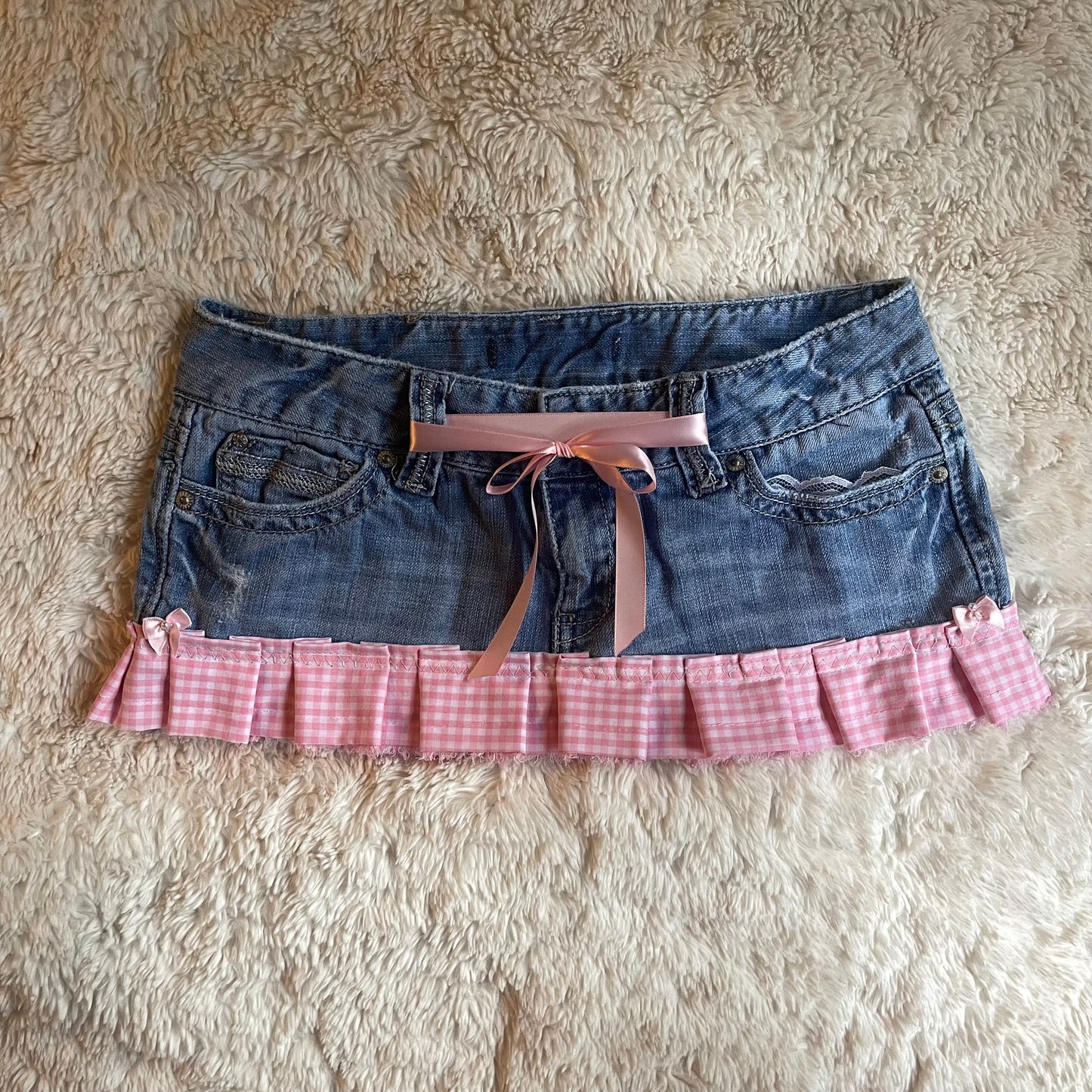 ୨୧ reworked y2k OOAK vintage micro mini denim skirt with gingham trim and baby pink bow details