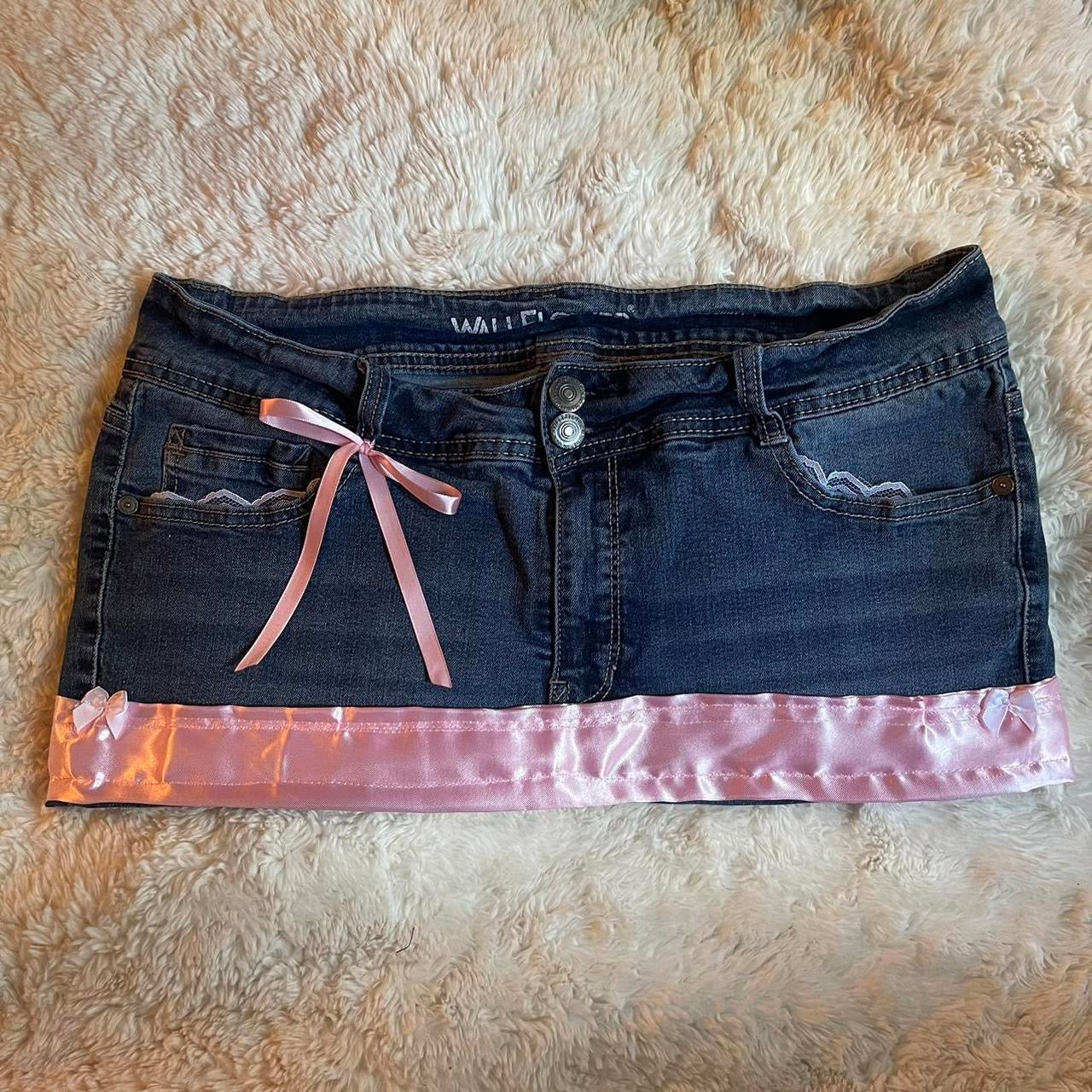 ୨୧ reworked OOAK bubblegum princess vintage micro mini denim skirt with satin trim and pink bow details