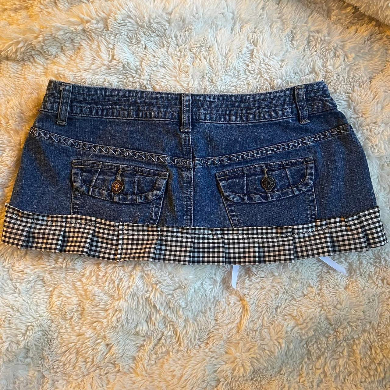 ୨୧ reworked OOAK vintage micro mini denim skirt with trim and bow details