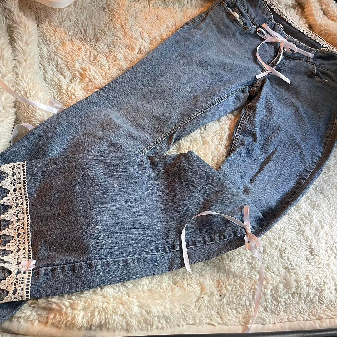 ୨୧ reworked y2k princess OOAK white ribbon jeans with lace embroidery, lace + bows