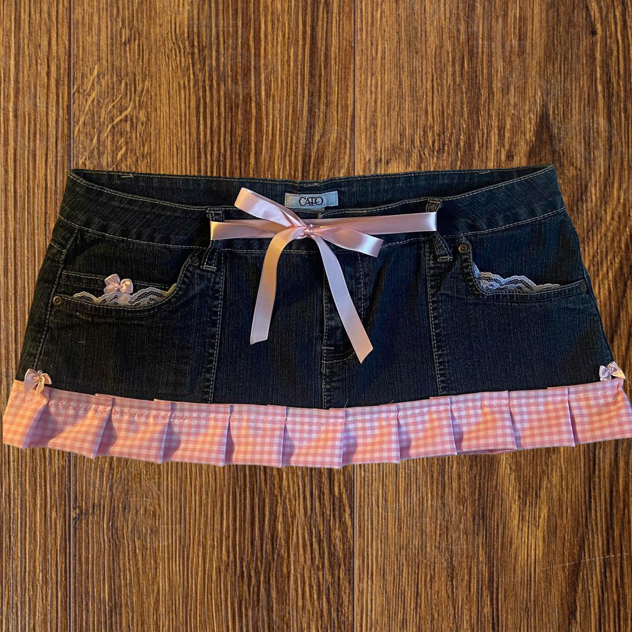 ୨୧ reworked OOAK vintage micro mini denim skirt with trim and baby pink bow details