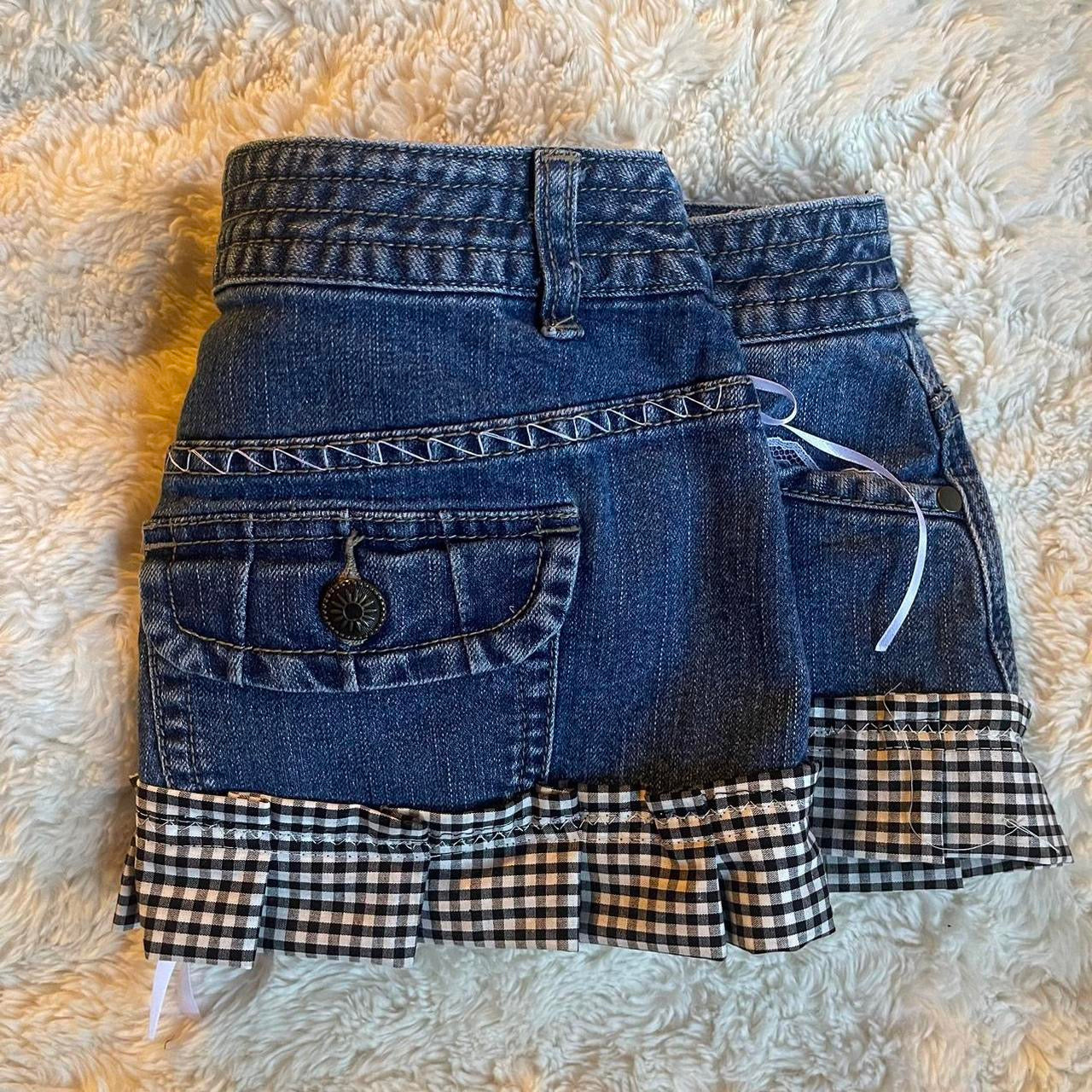 ୨୧ reworked OOAK vintage micro mini denim skirt with trim and bow details