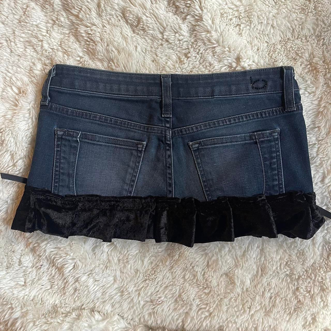 ୨୧ reworked OOAK 2000s extreme denim micro mini skirt with rhinestones, black fuzzy crushed velvet trim & black bows
