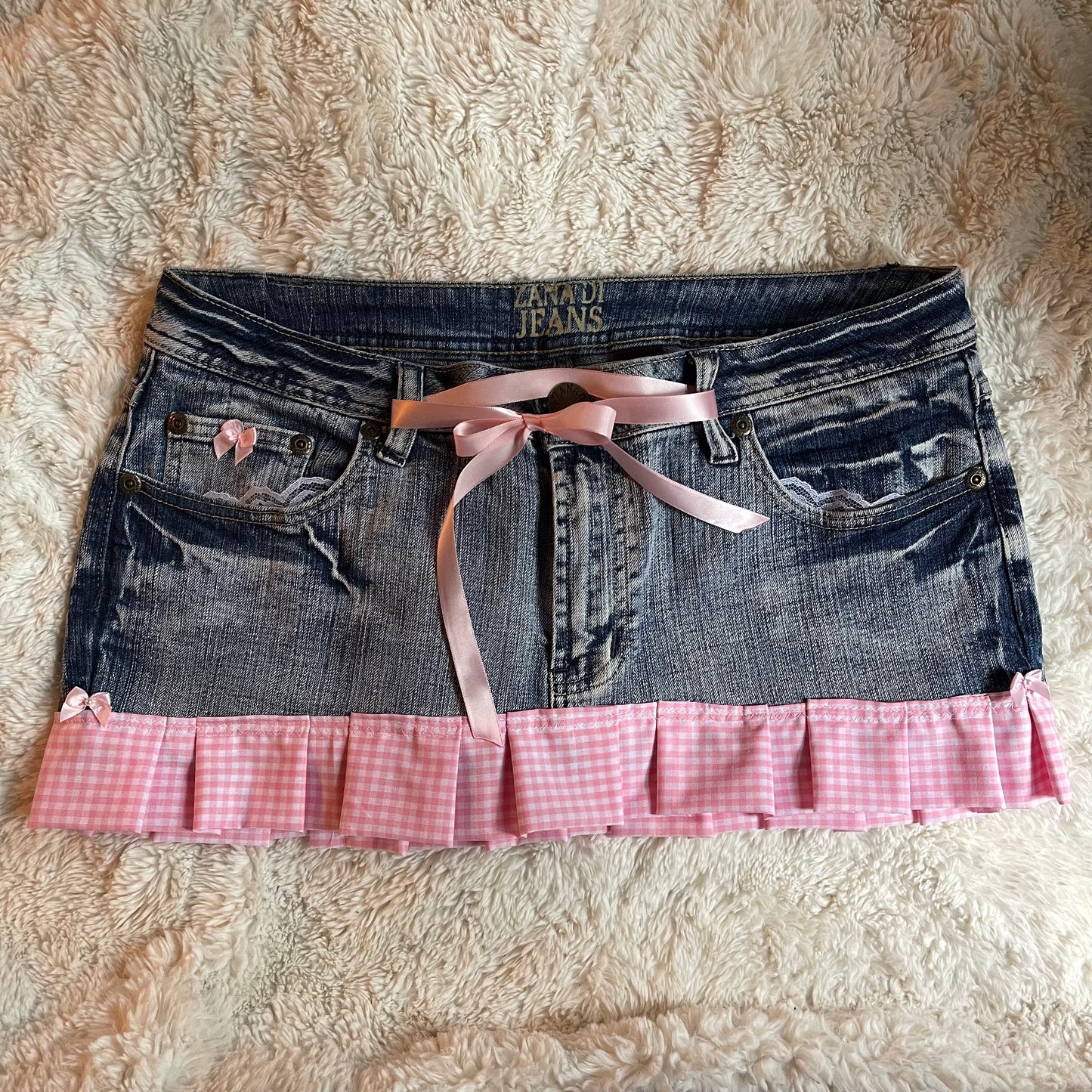 ୨୧ reworked OOAK vintage micro mini denim skirt with trim and baby pink bow details