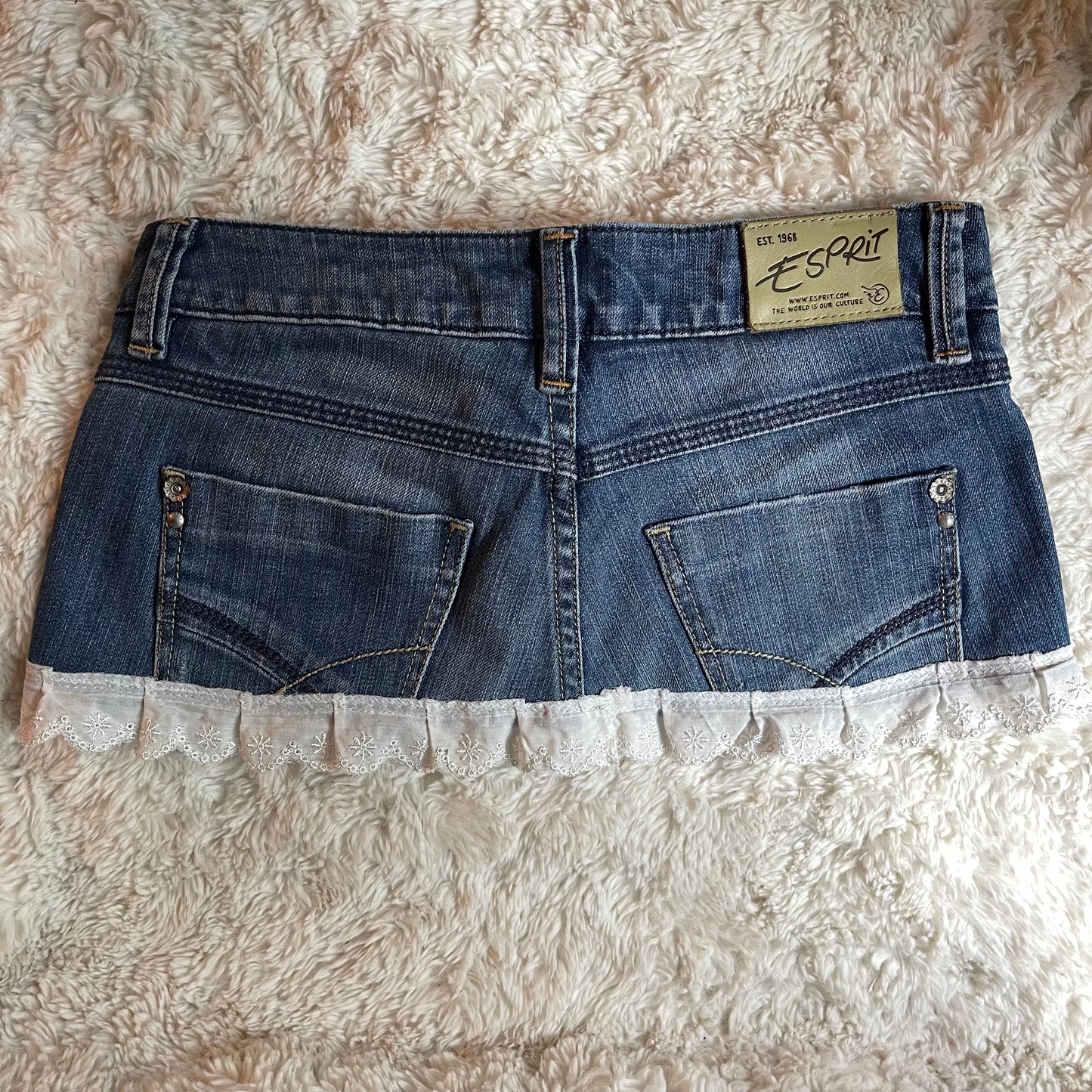 reworked OOAK 2000s coquette milkmaid princess denim micro mini skirt with ruffles & ribbons เญจเญง