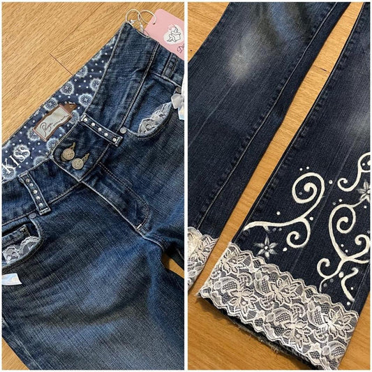 OOAK Y2K Princess Ribbon Jeans (with lace, hand-painted art & bows)